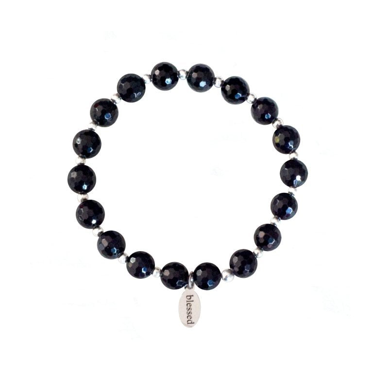Count Your Blessings Bracelet 8MM Faceted Onyx/Sterling Beads