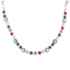 A silver-tone necklace featuring alternating round red and green gemstones with clear crystal-like centers, arranged in a curved line on a plain white background.