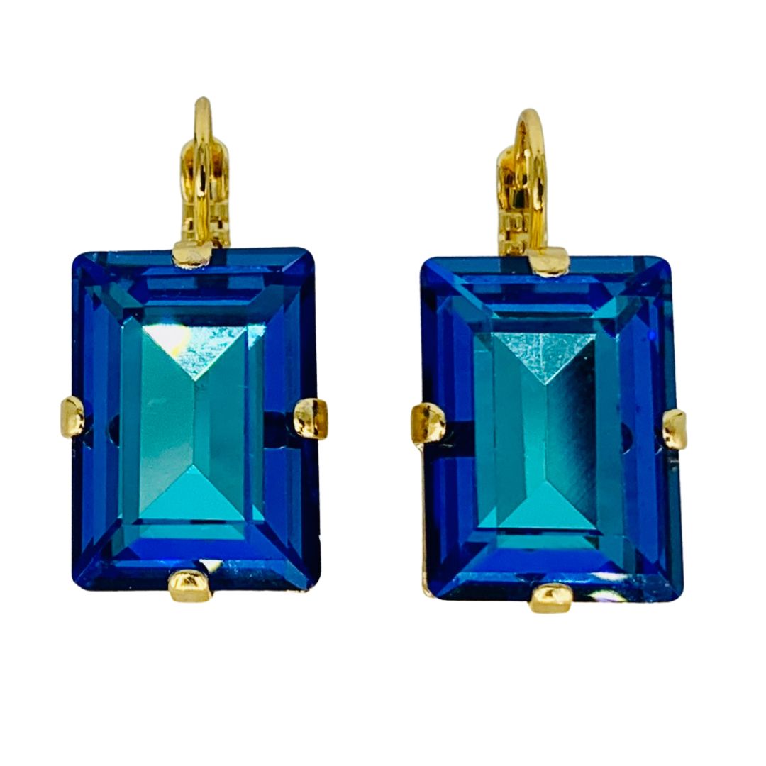 Large Mariana Earring Emerald Cut Earrings Blue on Gold