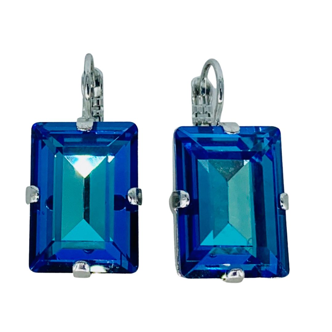 Large Mariana Earring Emerald Cut Earrings Blue on Rhodium