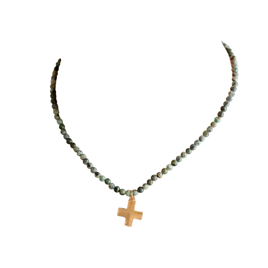 African Turquoise Bead Necklace with Gold Cross