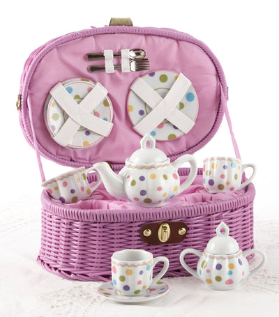 Child's Porcelain Tea Set in Picnic Basket With Polka Dots