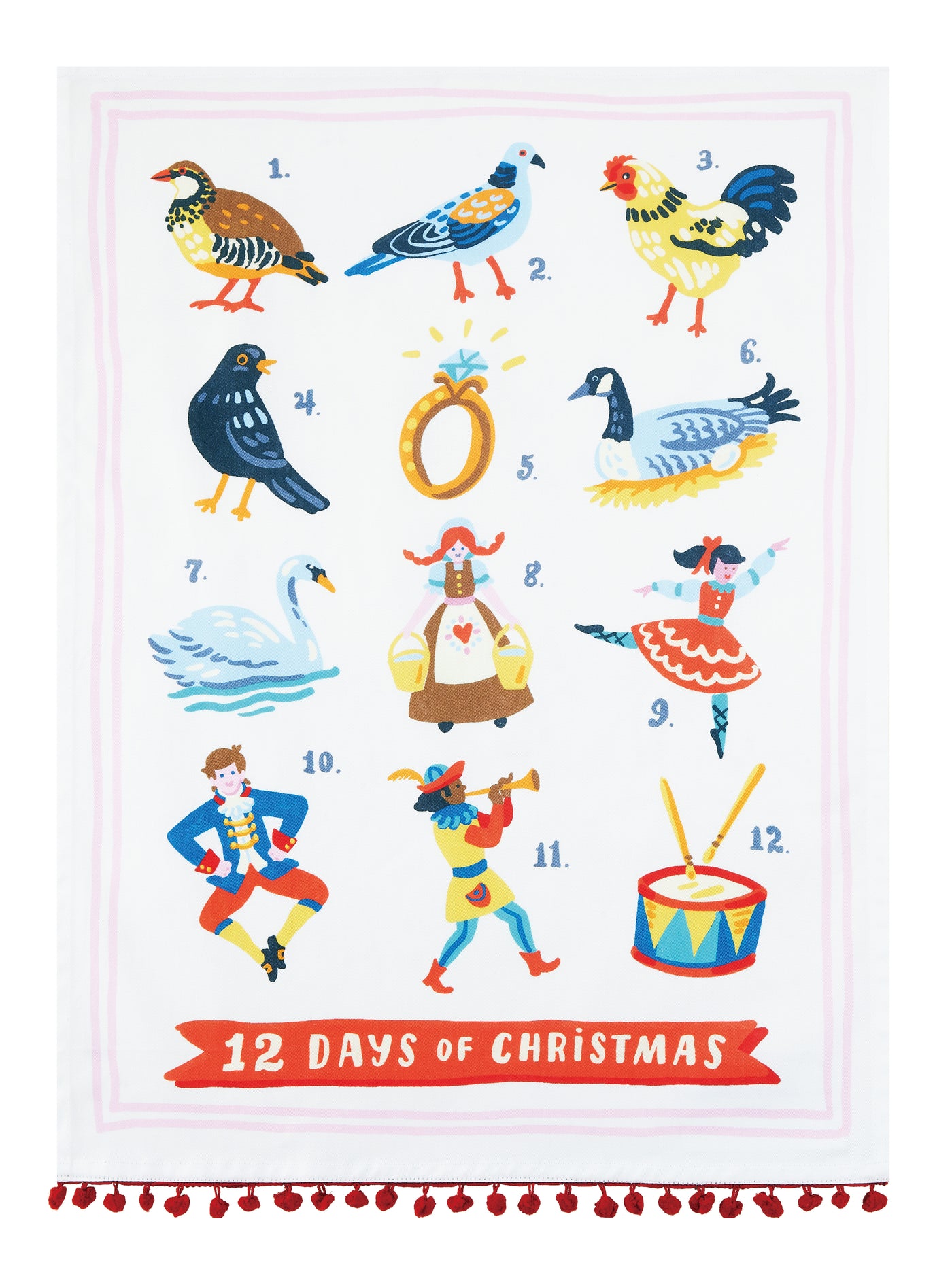 Twelve Days of Christmas Guest Towel With Pom Poms