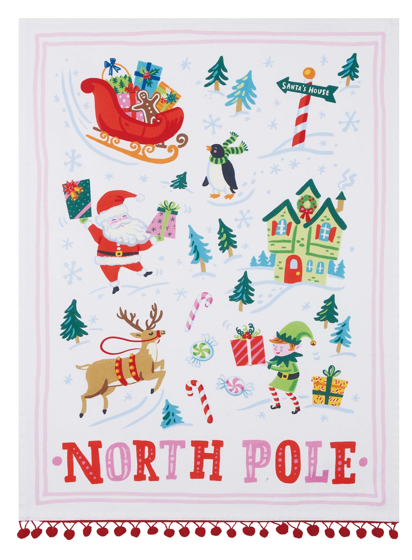 North Pole Tea Towel/ Guest Towel With  Red Pom Pom