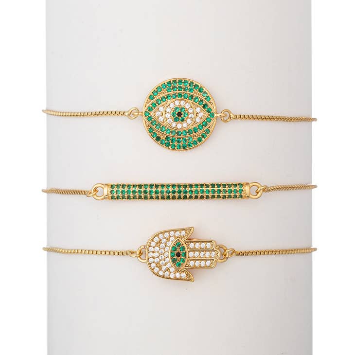 Set of Three Green/Gold Bracelets Good Luck Symbols