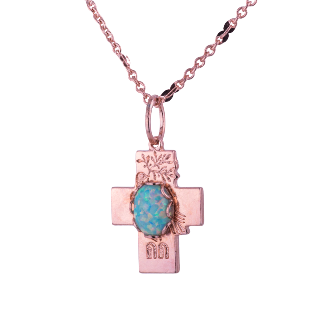 Mariana Simple Cross Necklace in Blue Oplal on Rose Gold