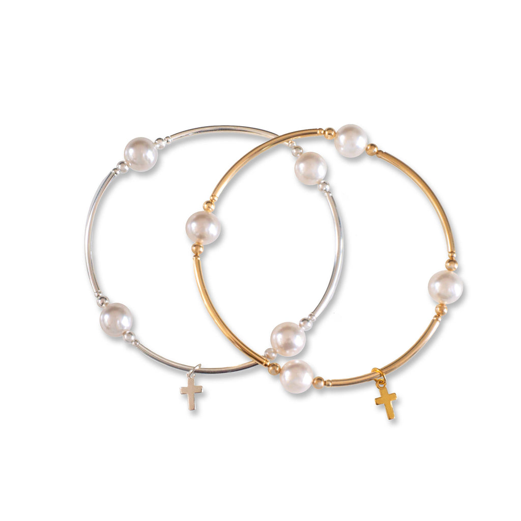 Blessing Bracelet With Tiny Cross in White Pearl on Gold Fill