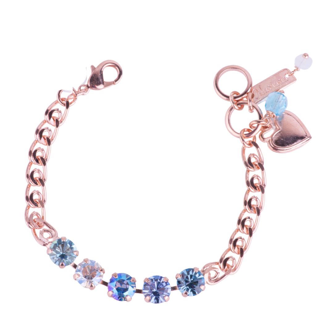 Rose gold bracelet with blue gemstones and heart charm on a white background Main image
