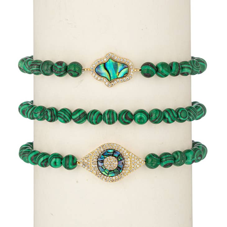 Set of Three Malachite/Gold Bracelets Good Luck Symbols