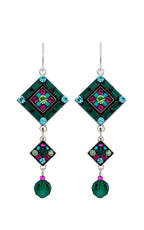 Firefly Emerald Three Tier Diamond Shape Earrings With Dangle