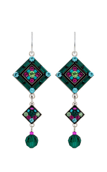 Firefly Emerald Three Tier Diamond Shape Earrings With Dangle