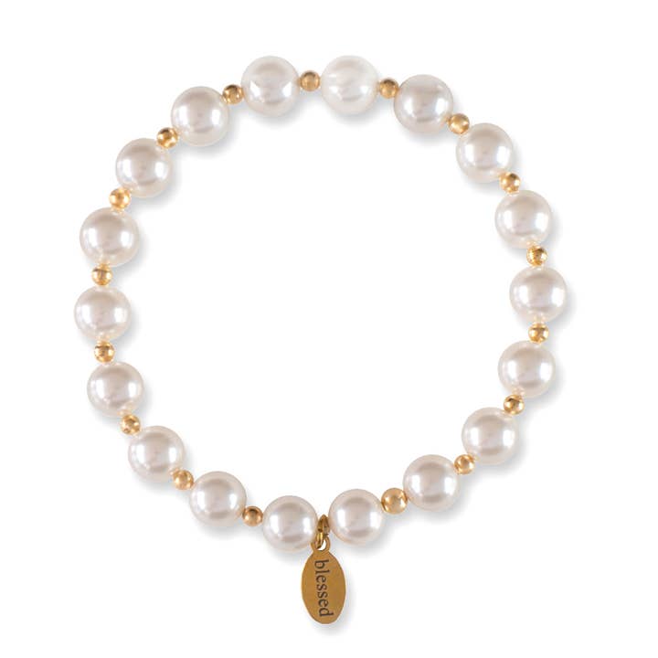 Count Your Blessings Bracelet 8MM White Pearls/Gold Beads