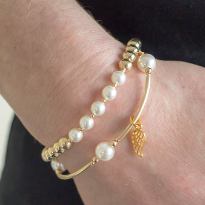 "You're An Angel" Angel Wing Blessing Bracelet in White Pearl and Gold Fill