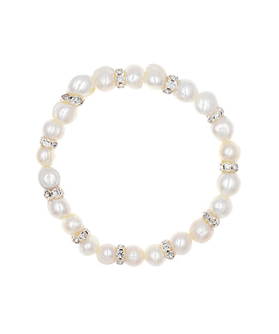 White Freshwater Nugget Pearls Stretch Bracelet With Crystal Rondels