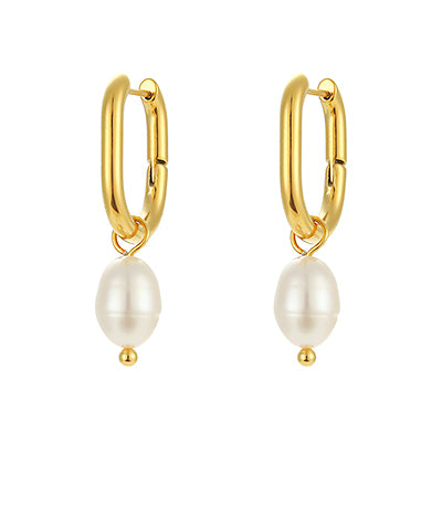 Freshwater Pearl Dangle Earring on Oval Gold Hoop