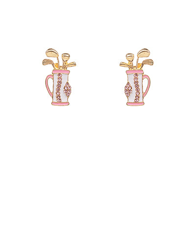 Crystal and Enamel Golf Bag Stud Earrings Pink