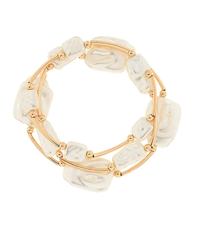 Square White Freshwater Pearls With Gold Metal -Set of Three Bracelets