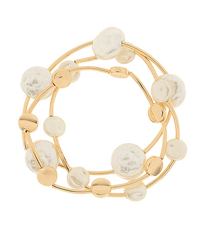 White Freshwater Coin Pearls With Gold Metal -Set of Three Bracelets