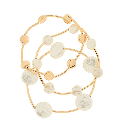 White Freshwater Coin Pearls With Gold Metal -Set of Three Bracelets