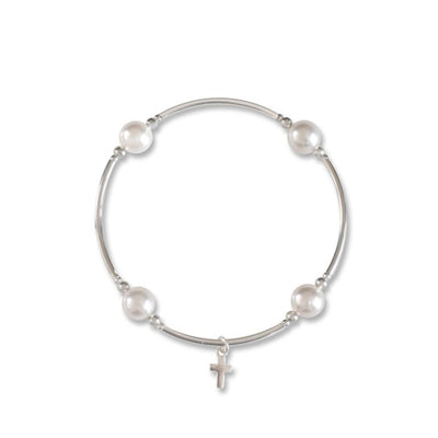Tiny Cross Blessing Bracelet in White Pearl and Sterling Silver