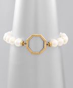 10MM White Freshwater Potato Pearls Stretch Bracelet With Worn Gold Octagon