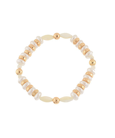 White Freshwater Pearls Stretch Bracelet With Gold Metal Disks and Heishi Beads Main image