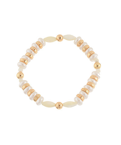 White Freshwater Pearls Stretch Bracelet With Gold Metal Disks and Heishi Beads