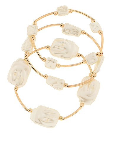 Square White Freshwater Pearls With Gold Metal -Set of Three Bracelets