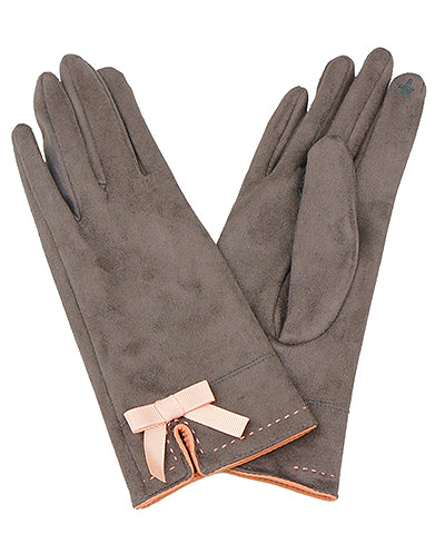 Brown Faux Suede Smart Touch Gloves With Pink Bow and Stitch Trim
