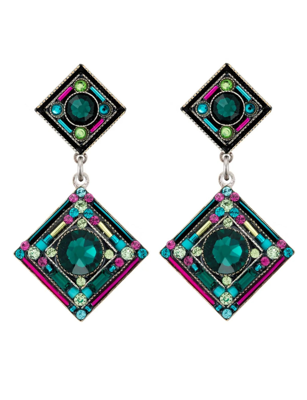 Firefly Emerald Two Tier Diamond Shape Earrings On Post
