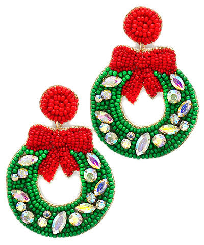 Beaded Bow/Wreath Christmas Earrings