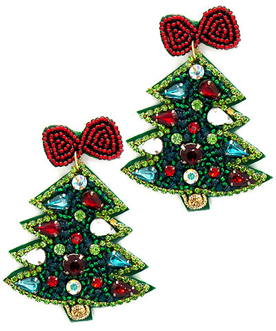 Bedazzled Christmas Tree Beaded Earrings With Red Bow Main image
