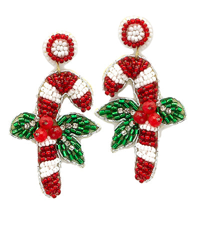 Candy Cane Beaded Christmas Earrings