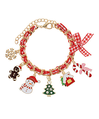 Christmas Charm Bracelet With Red  Checked Ribbon