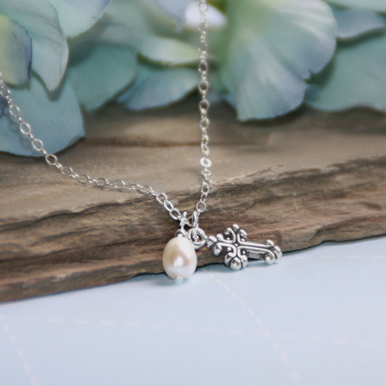 Tiny Sterling Cross  With Pearl on Silver Chain