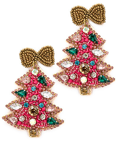 Bedazzled Pink Christmas Tree Beaded Earrings With Gold Bow