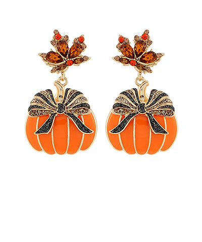 Enamel Pumpkin Earrings With Bow And Jeweled Leaf
