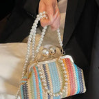 Woven Raffia Clutch With Long and Short Pearl Straps
