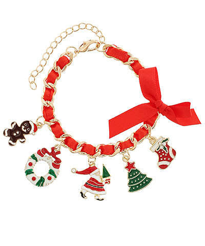 Christmas Bracelet With Red Ribbon and Santa Center Charm
