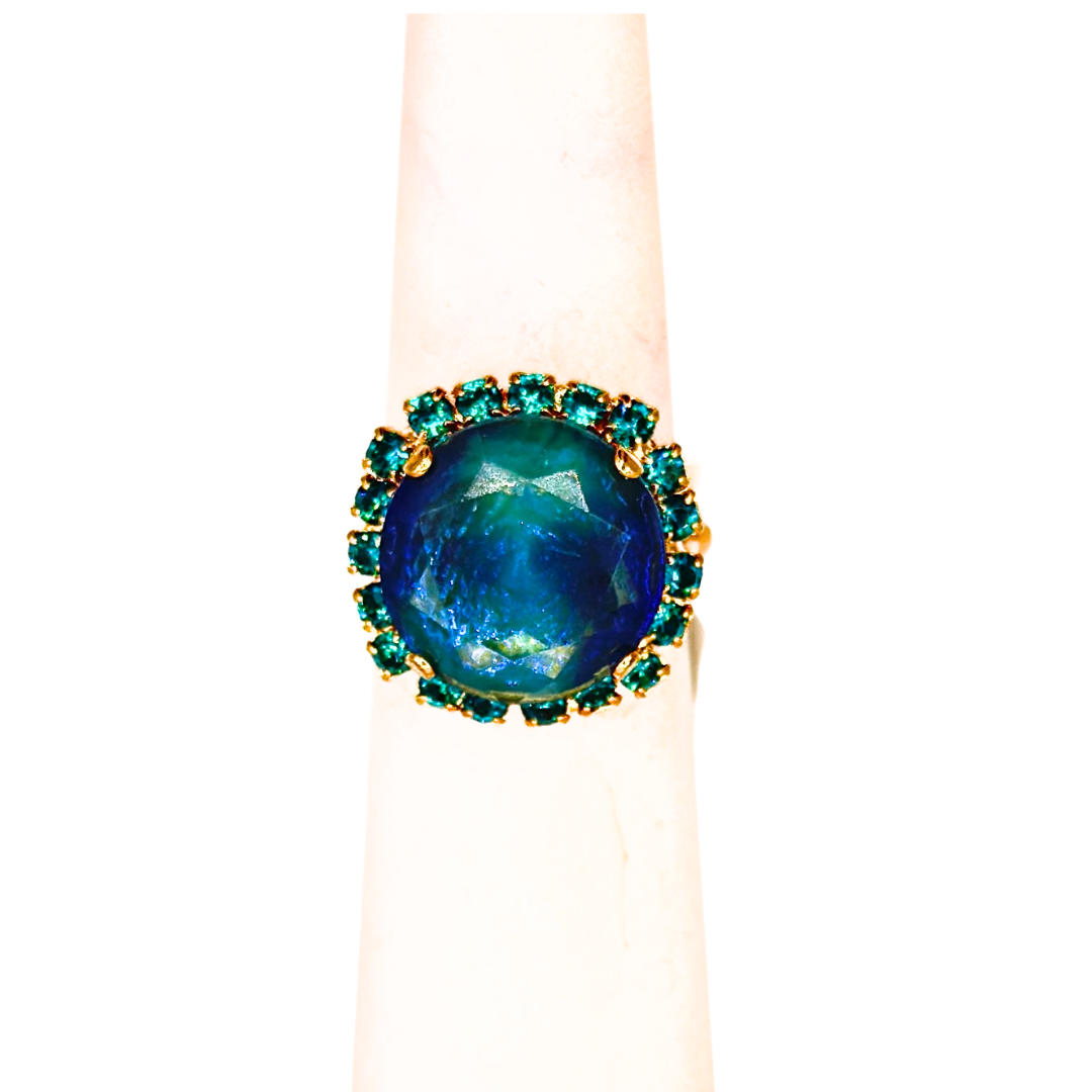 Mariana Extra Luxurious Cushion Cut Crystal With Halo Ring Crystal Blue on Gold