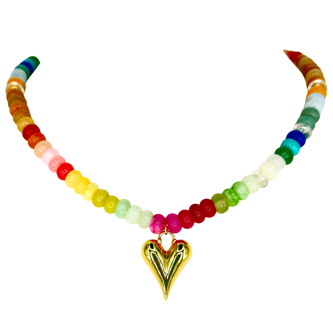 Rainbow Bauble Bead Necklace With Gold Heart Charm Main image