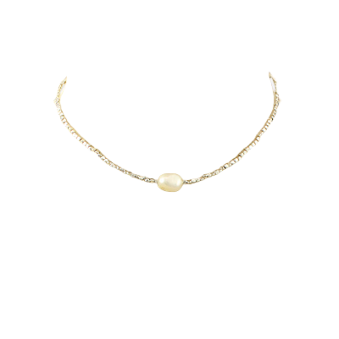 Single Freshwater Pearl Choker  Necklace  With Square Beads