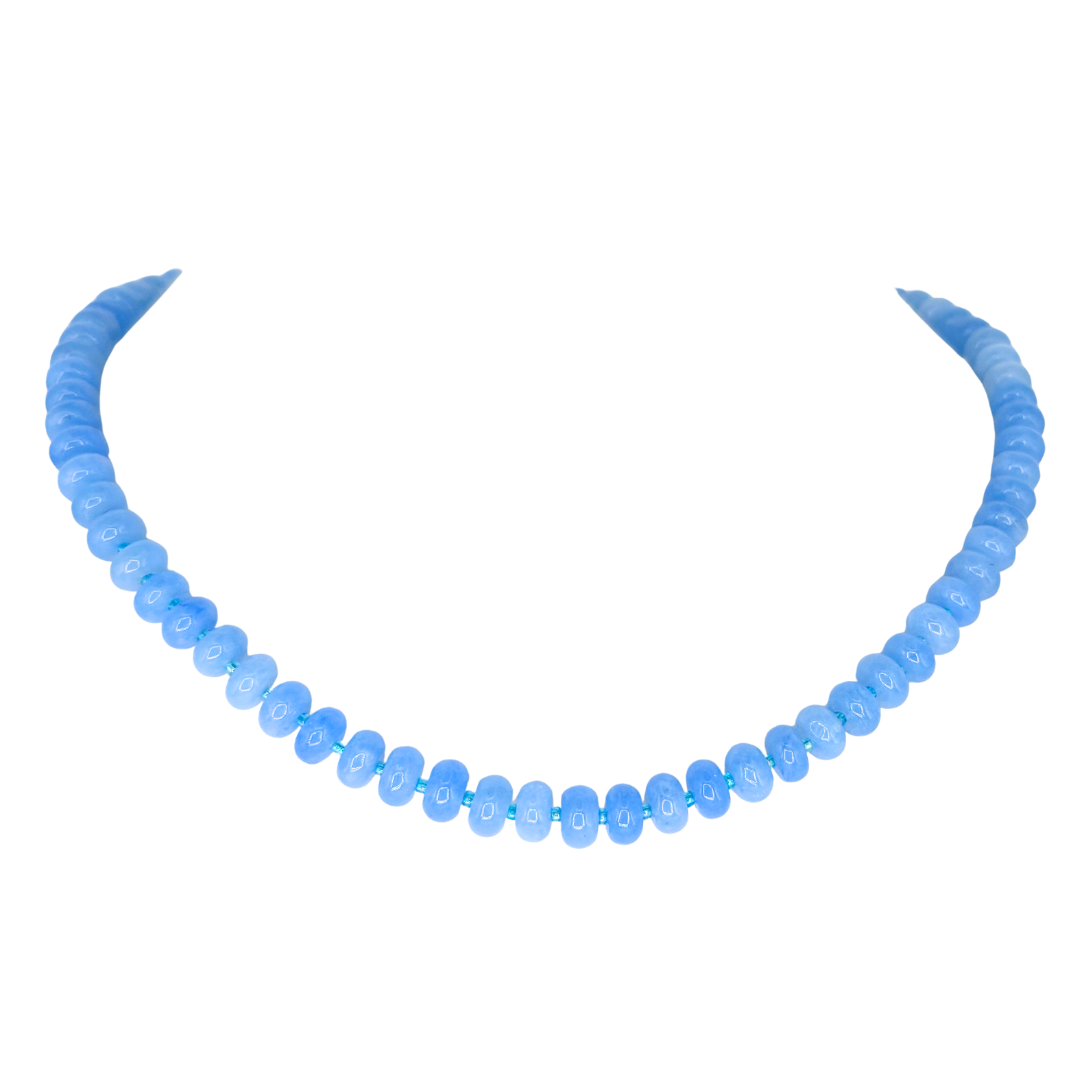 Blue Lace Agate Bauble Bead Necklace With Front/Back Closure