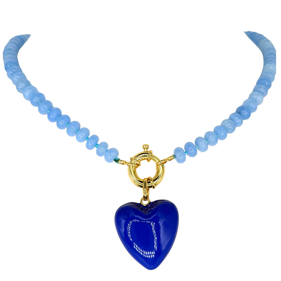 Blue Lace Agate Bauble Bead Necklace With Front/Back Closure