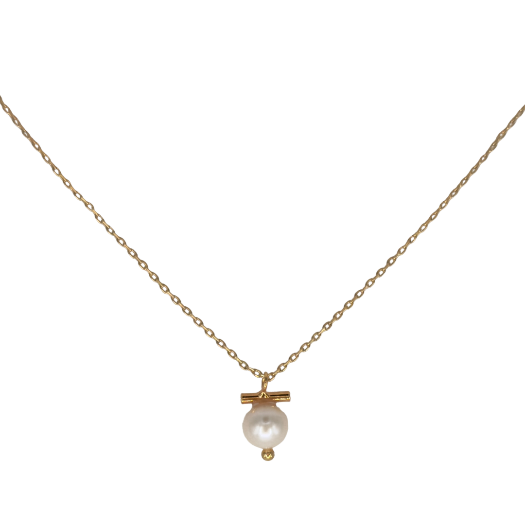 Genuine Pearl Necklace  With Gold Bar