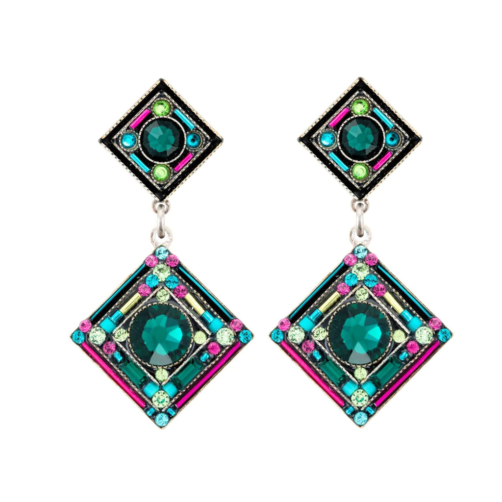 Firefly Emerald Two Tier Diamond Shape Earrings On Post