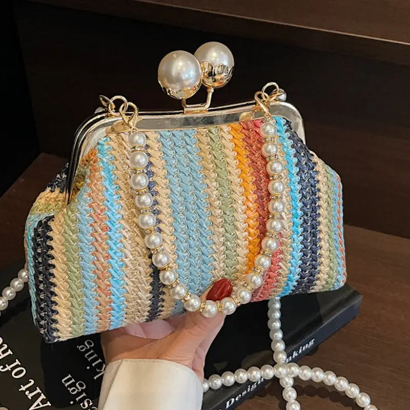 Woven Raffia Clutch With Long and Short Pearl Straps