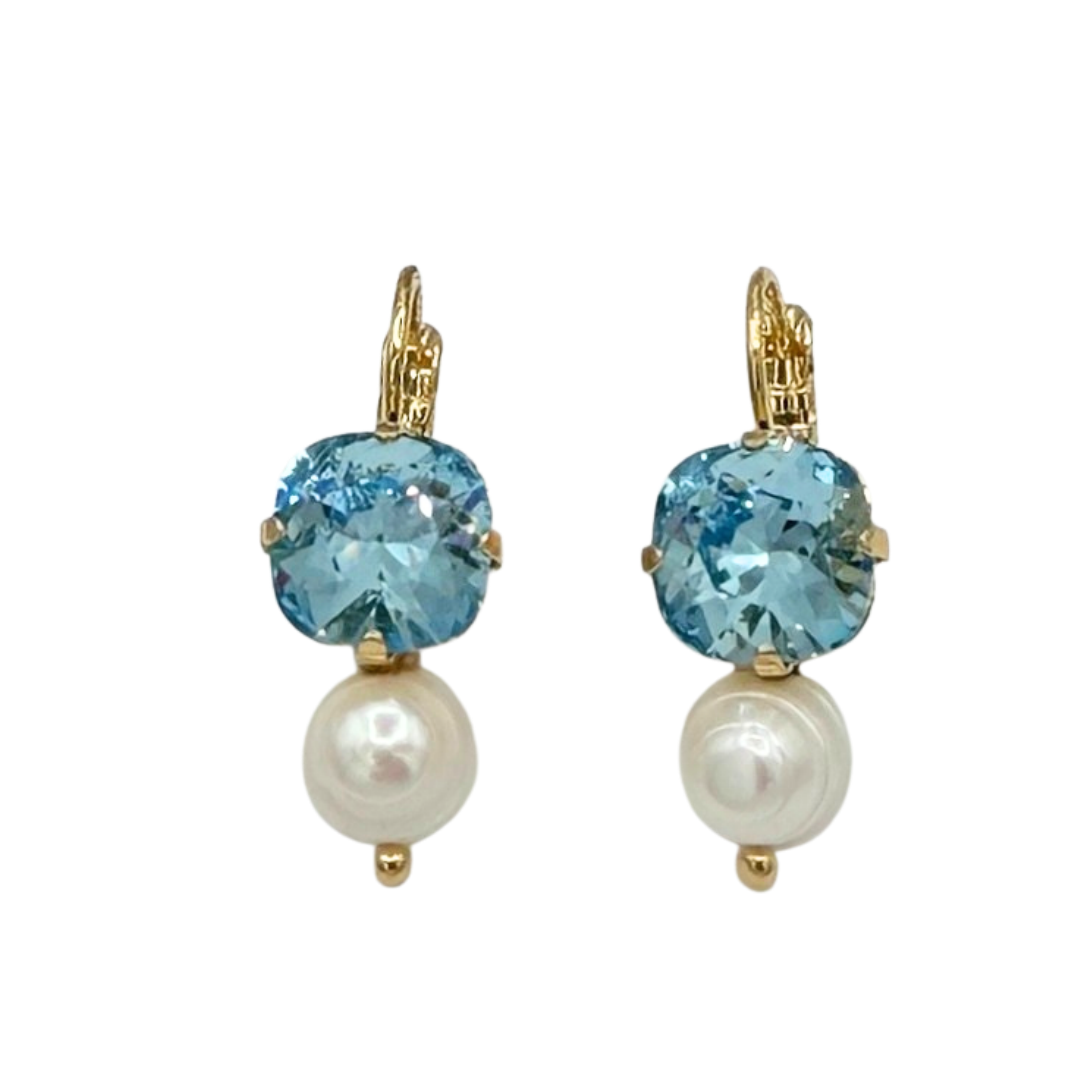 Mariana New Cushion Crystal  Over Pearl Drop Earring Light Blue on Gold
