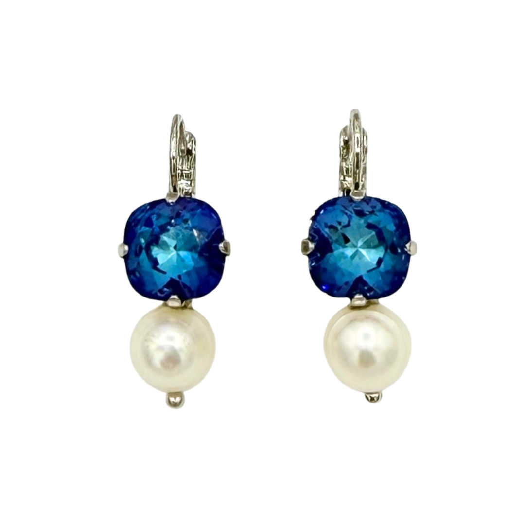 Mariana New Cushion Crystal  Over Pearl Drop Earring Ocean Blue on Gold