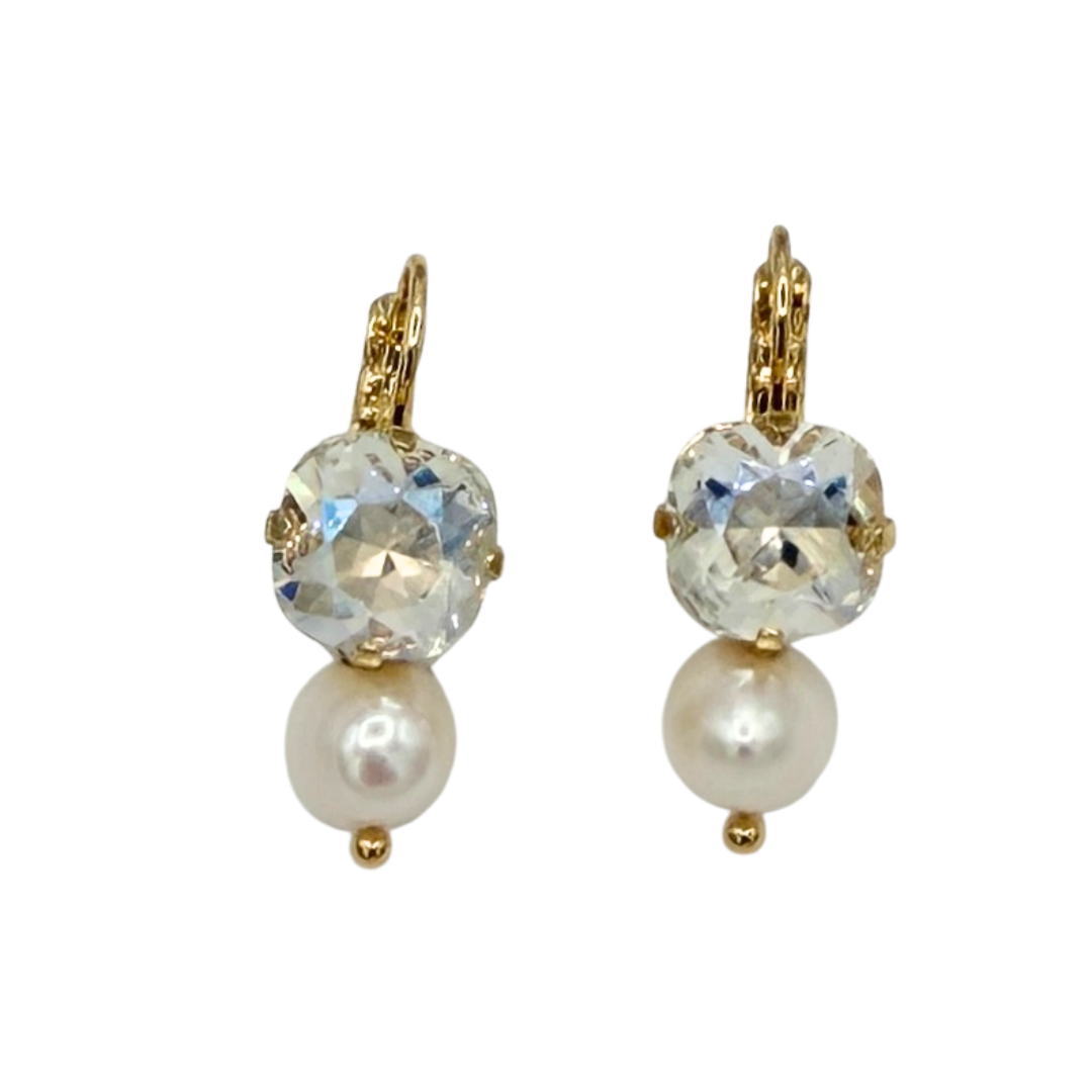 Mariana New Cushion Crystal  Over Pearl Drop Earring Moonlight on Gold